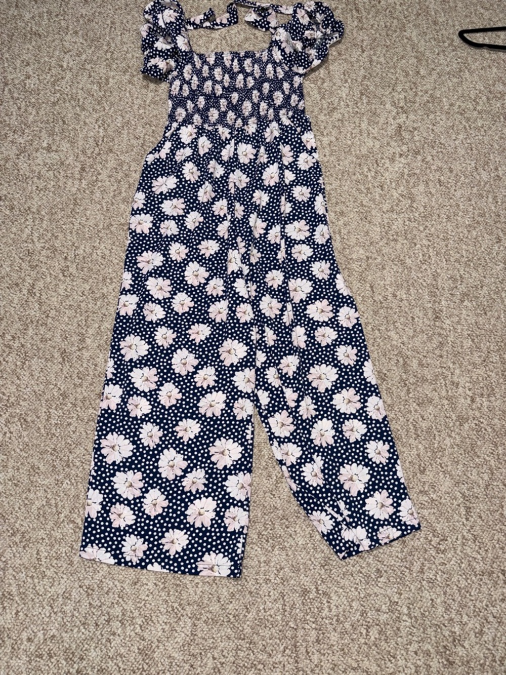 Navy Floral Smocked Jumpsuit - Picture 3 of 6